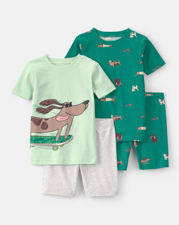 Baby Boy Skateboard Dog Cotton Short-Sleeve Snug Fit 4-Piece Pajama Set - Green, 