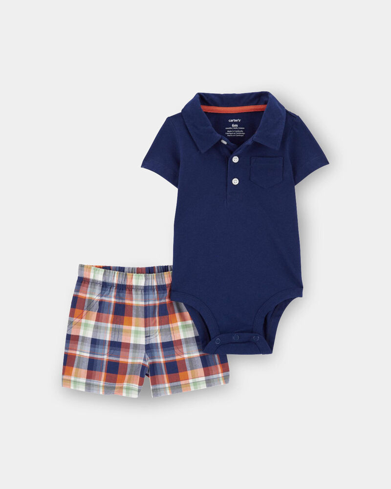 Baby Boy Plaid Polo Shirt & Short Set - Navy Blue, image 1 of 3 slides