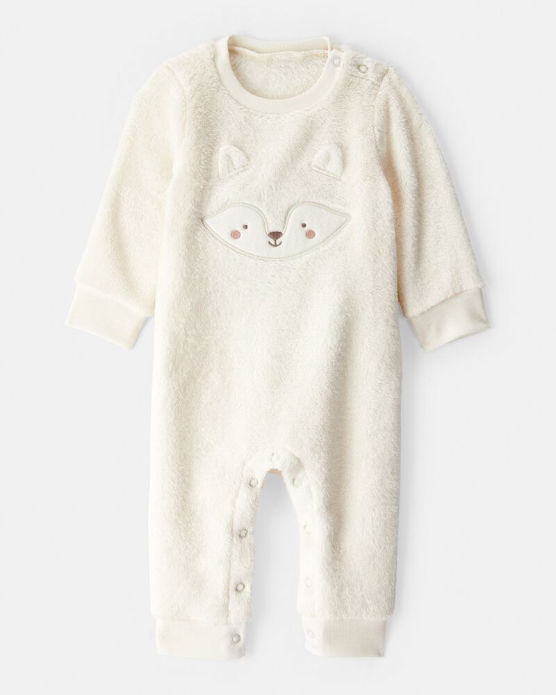 Baby Girl Fox Velour Long-Sleeve Snug Fit Jumpsuit - Cream, image 1 of 3 slides