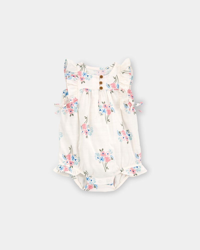 Baby Girl Floral Bubble Romper - Cream, image 1 of 4 slides