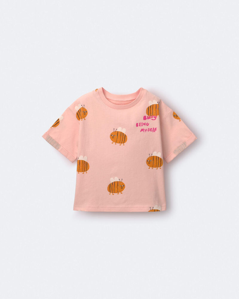 Toddler Girl Rolled Cuff Tee in Bee Print - Light Pink, image 2 of 5 slides