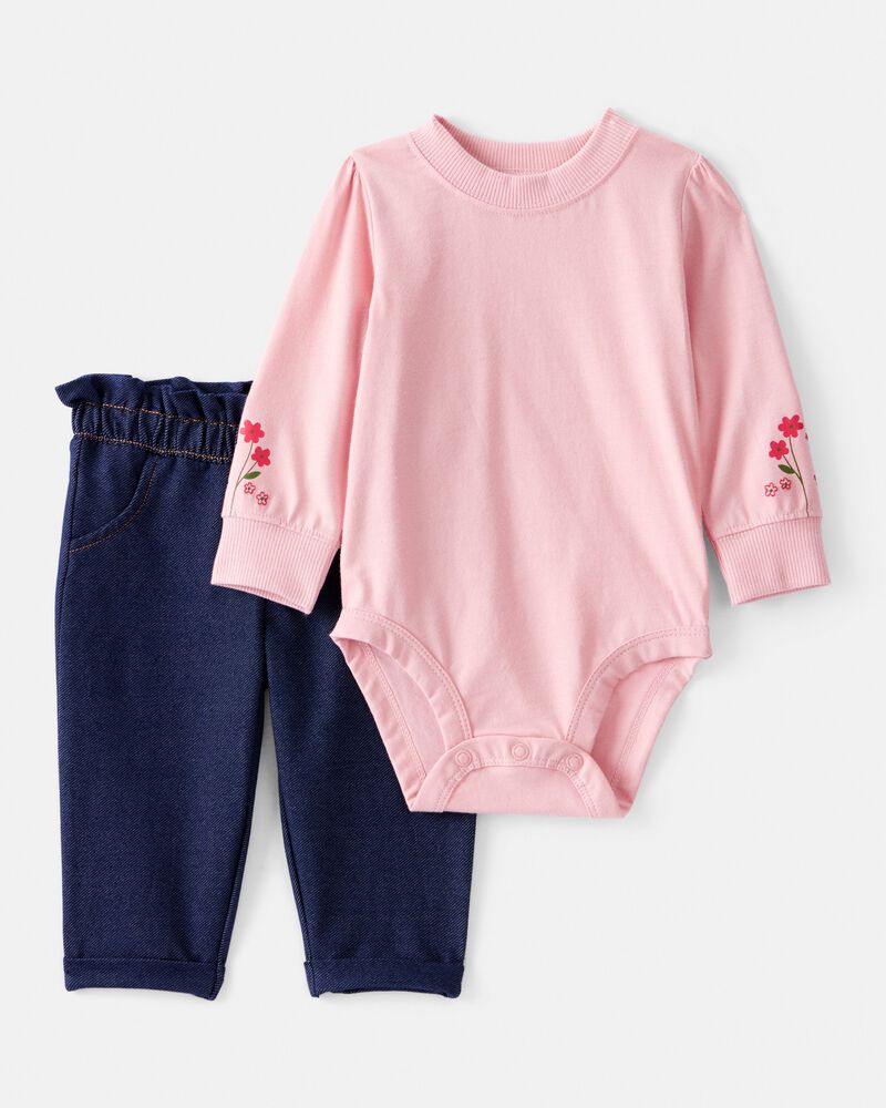 Baby Girl 2-Piece Floral Bodysuit & Pant Set - Pink, image 1 of 5 slides