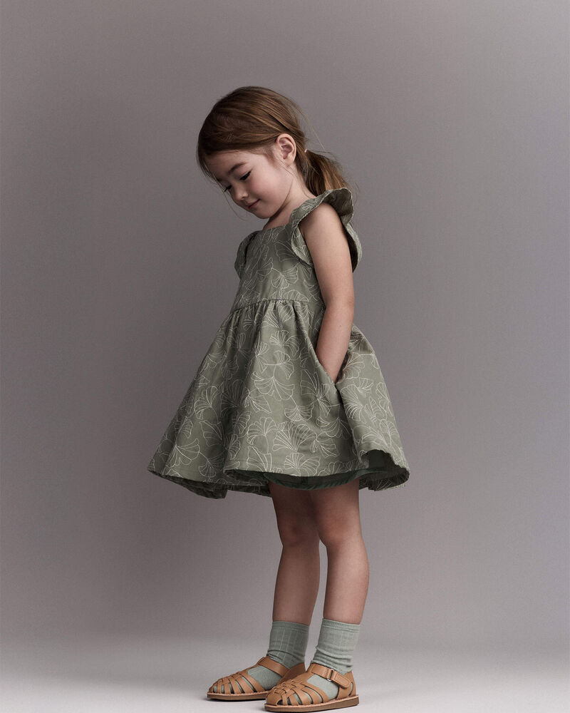 Toddler Girl Embroidered Flutter Sleeve Dress in Floral Print - Green, image 5 of 6 slides