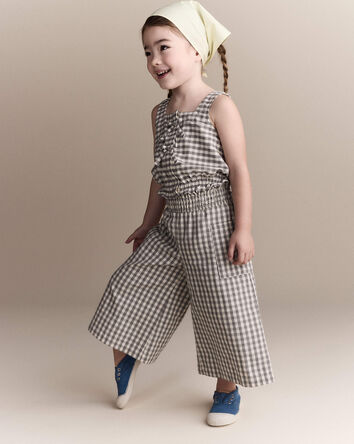 Toddler Girl Gingham Peplum Top with Bows - Cream/Grey, 