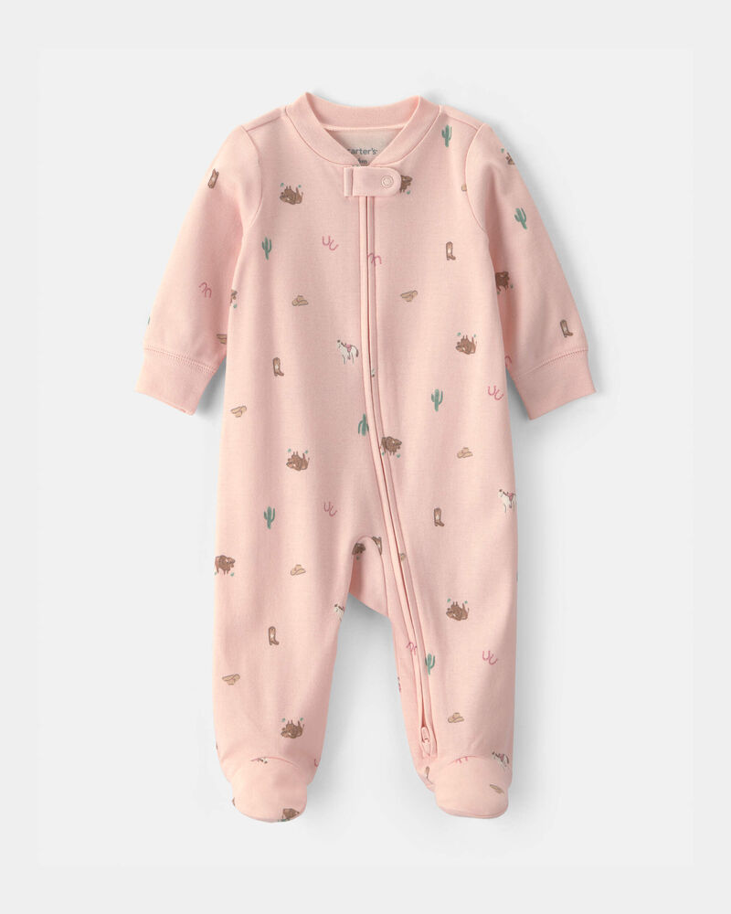 Baby Girl Western 100% Cotton 2-Way Zip Sleep & Play Pajamas - Pink, image 1 of 4 slides