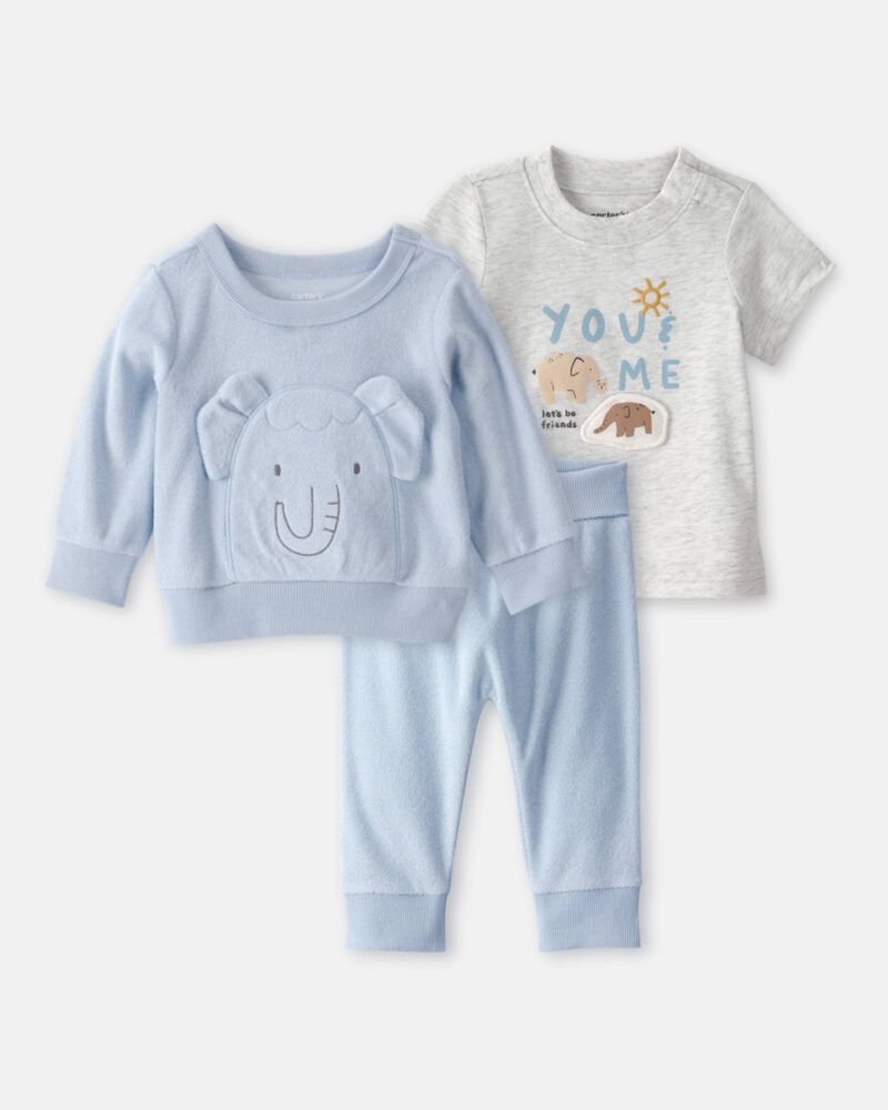 Baby Boy 3-Piece Elephant Terry Layering Set - Blue, image 1 of 10 slides