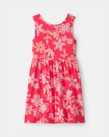 Girls Tropical Floral Sleeveless Knit Dress - Coral, 