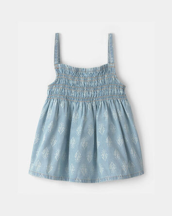 Girls Chambray Floral Smocked Tank Top, 