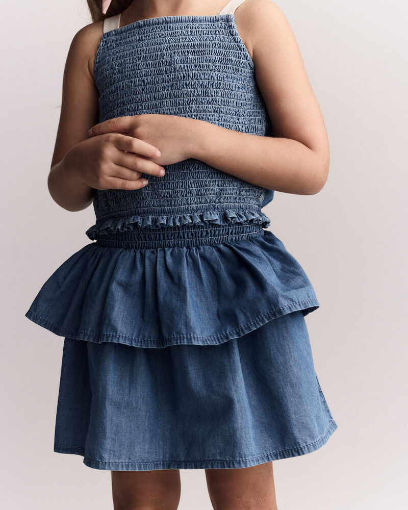 Toddler Girl Smocked Tiered Skirt in Chambray, image 3 of 6 slides