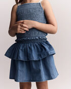 Toddler Girl Smocked Tiered Skirt in Chambray, image 3 of 6 slides