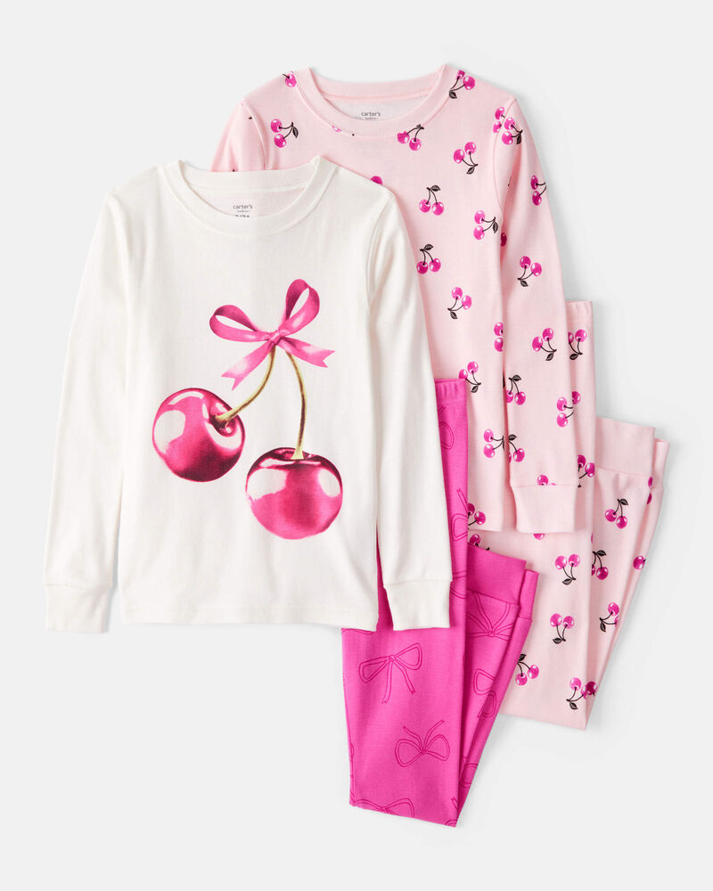 Girls Cherries Print 100% Cotton Long-Sleeve 4-Piece Pajamas - Pink/White, image 1 of 4 slides