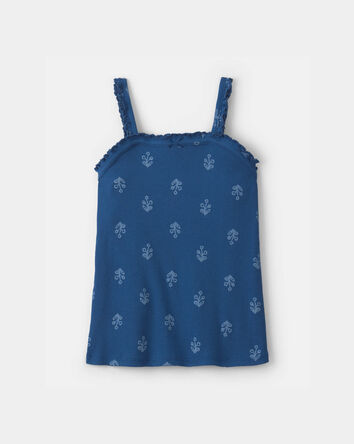 Girls Floral Ribbed Ruffle Tank - Navy, 