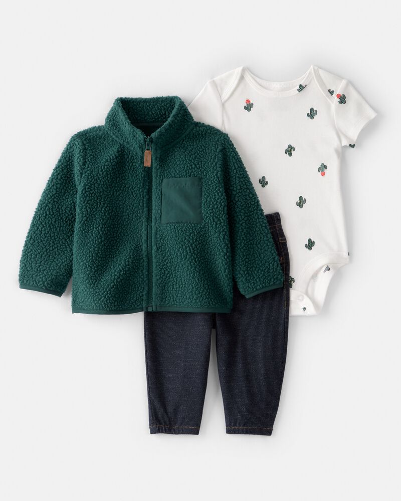 Baby Boy 3-Piece Cactus Fleece Zip-Up Jacket Outfit Set, image 1 of 7 slides