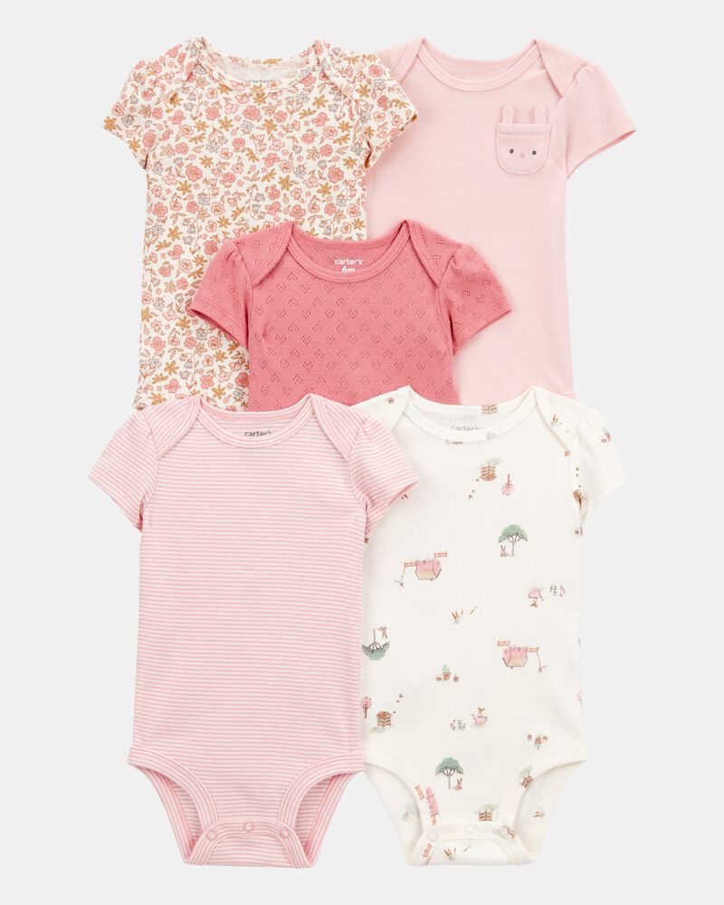 Baby Girl 5-Pack Floral Bunny Short-Sleeve Cotton Bodysuits - Pink, image 1 of 8 slides