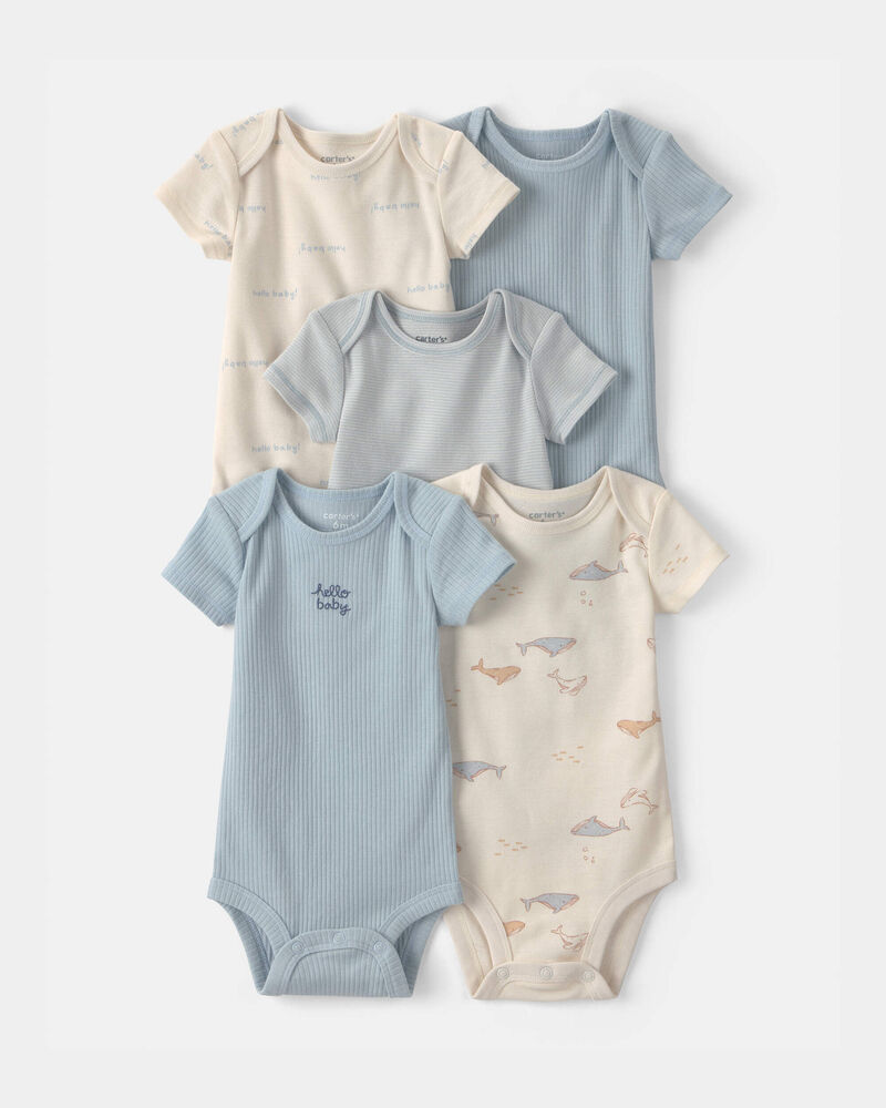 Baby 5-Pack Whale Multipack Bodysuits - Blue/Ivory, image 1 of 7 slides
