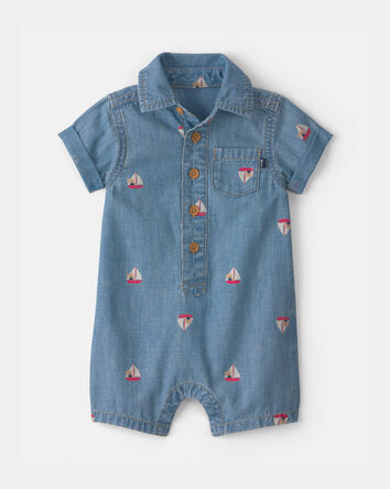 Baby Teddy Bear Sailboat Chambray Romper - Indigo, 