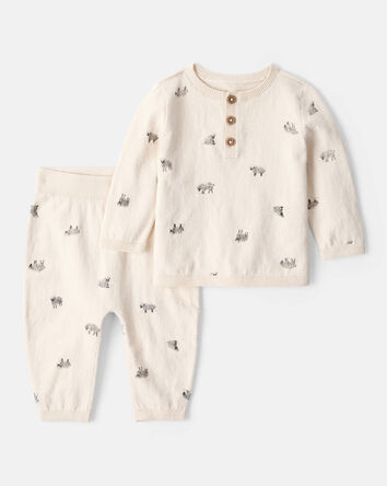 Baby Boy Sheep Print Cotton Long-Sleeve Tee & Pant Set - Ivory, 