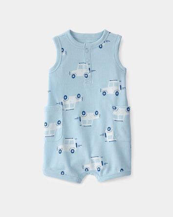 Baby Boy Car Waffle-Knit Sleeveless Romper - Blue, 
