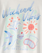 Girls 'Weekend Vibes' Striped Loose Fit 2-Piece Pajama Set - Blue/Ivory, image 2 of 3 slides