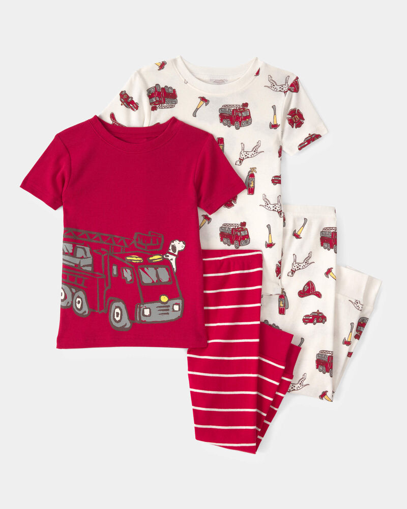 Toddler Boy Firetruck Striped 100% Cotton Snug Fit 4-Piece Pajama Set - Red/White, image 1 of 4 slides