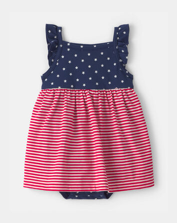 Baby Girl American Flag Sleeveless Bodysuit Dress - Red/Navy Blue, 