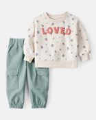 Baby Girl 2-Piece Fleece "Loved" Pullover Sweatshirt & Pant Set - Cream/Green, image 1 of 7 slides