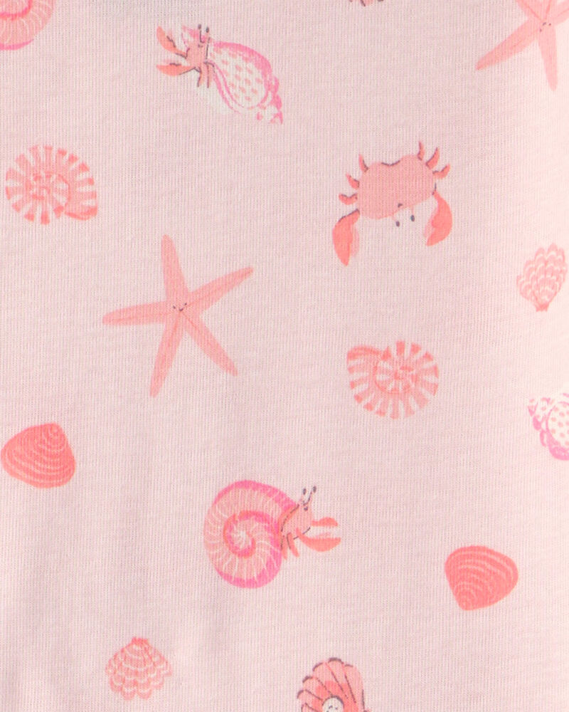 Girls Seashells 100% Cotton Short-Sleeve Snug Fit 4-Piece Pajama Set - Pink/Orange, image 3 of 4 slides