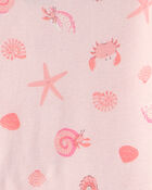 Girls Seashells 100% Cotton Short-Sleeve Snug Fit 4-Piece Pajama Set - Pink/Orange, image 3 of 4 slides