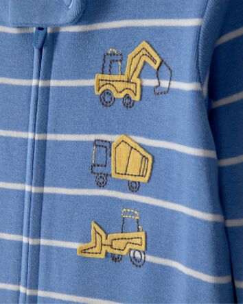 Toddler Boy Construction Striped 100% Cotton Snug Fit 1-Piece Pajama - Blue, 