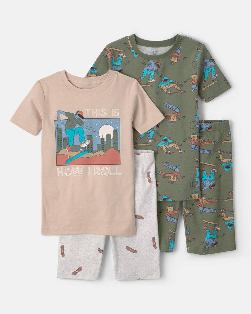 Boys Skateboard Cotton Short-Sleeve Snug Fit 4-Piece Pajama Set - Green/Brown, image 1 of 5 slides
