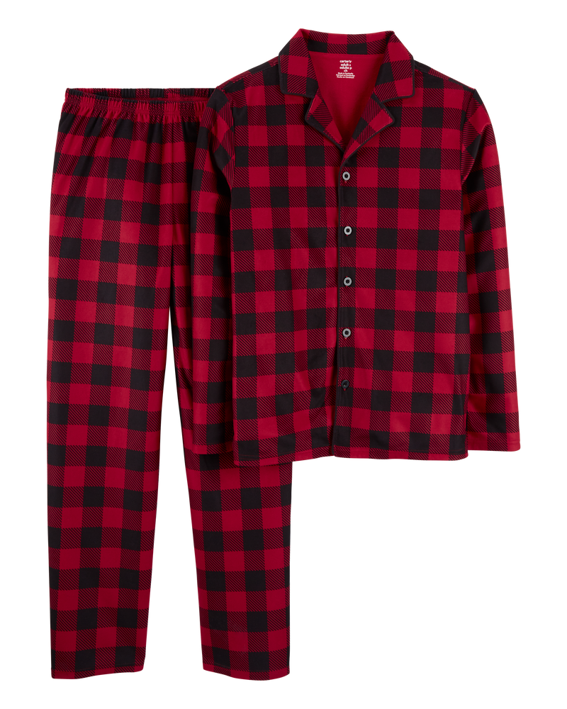 Adult 2-Piece Buffalo Check Fleece Coat Style Pajamas, image 1 of 3 slides