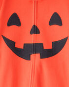 Toddler Halloween Jack-O-Lantern Fleece Hooded Zip-Up 1-Piece Pajama Jumpsuit - Orange, image 2 of 3 slides