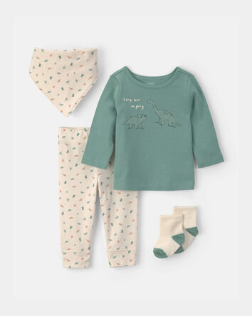 Baby Boy 4-Piece Dinosaur Outfit Set - Green/Ivory, 