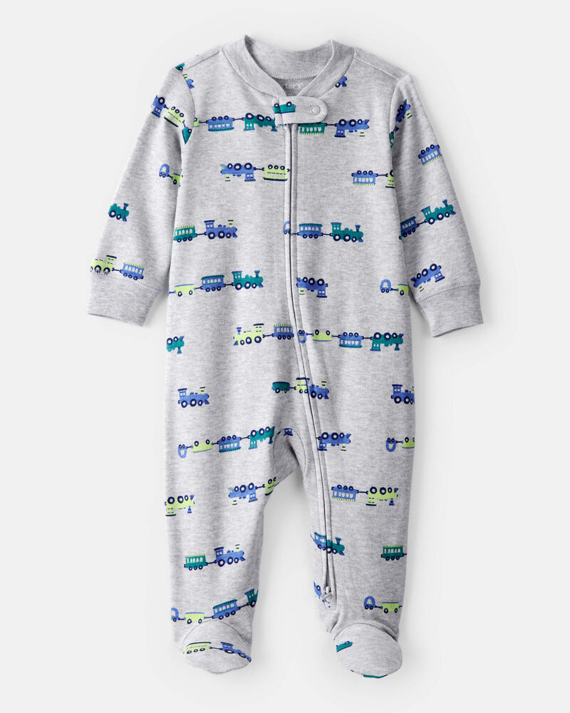 Baby Boy Train Cotton Long-Sleeve Snug Fit Sleep & Play Pajamas - Grey, image 1 of 4 slides