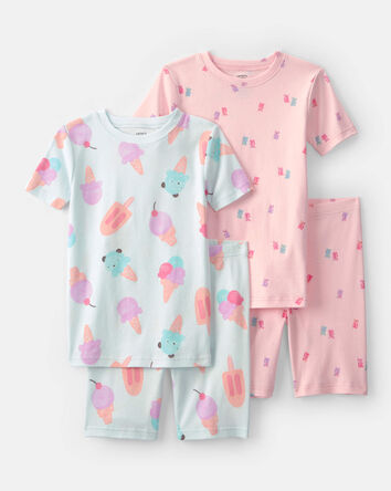 Girls Ice Cream 100% Cotton Short-Sleeve Snug Fit 4-Piece Pajama Set - Pink/Blue, 