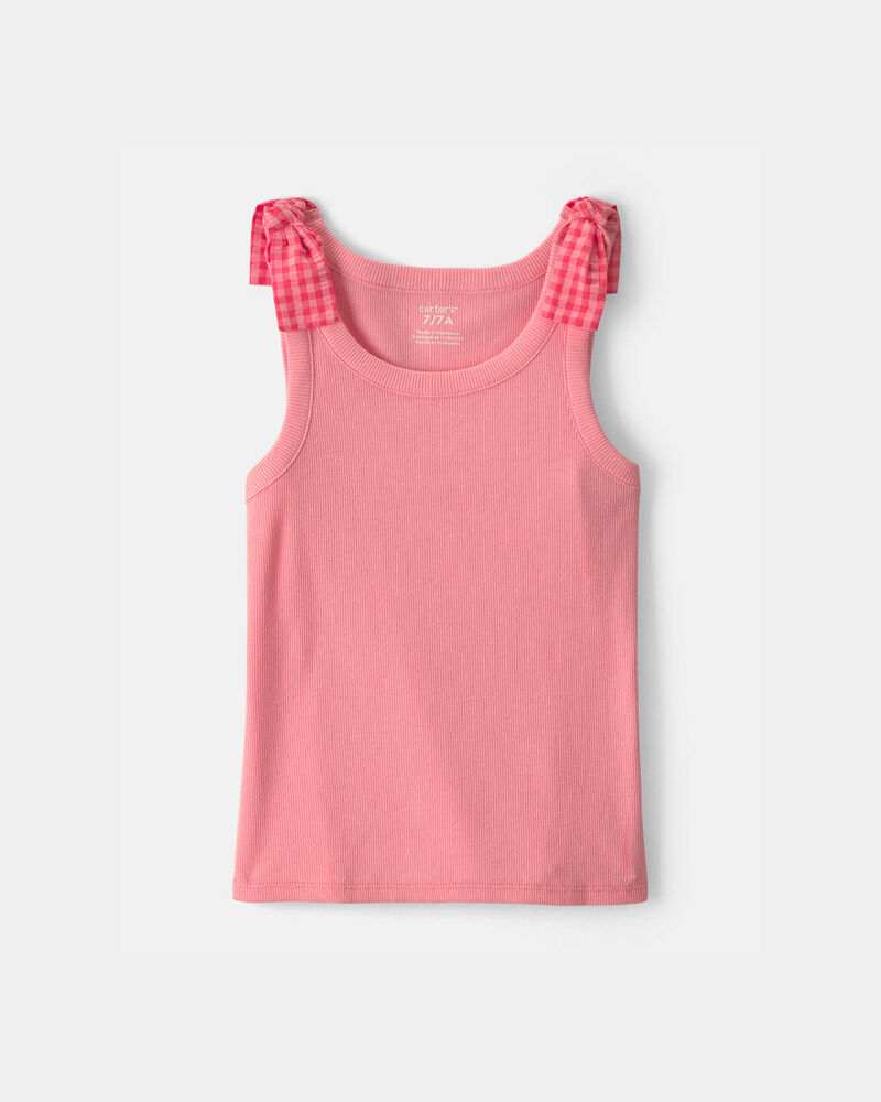 Girls Gingham Bow-Sleeve Tank Top - Coral, image 1 of 3 slides