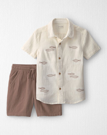 Boys 2-Piece Organic Cotton Gauze Embroidered Top & Short Set, 