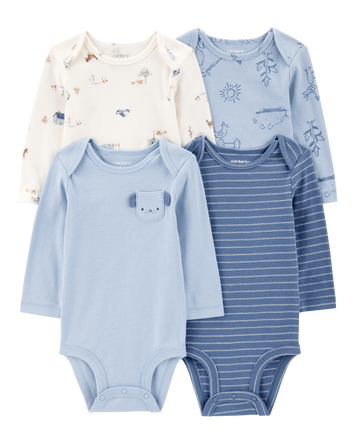 Baby 4-Pack Farm Dog Long-Sleeve Multipack Bodysuits - Blue/Ivory, 