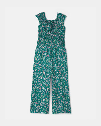 Girls Floral Smocked Jumpsuit - Green, 