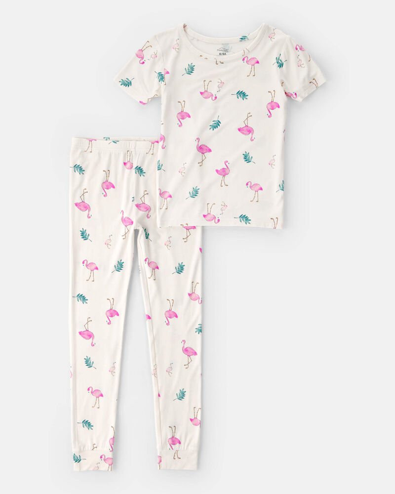 Girls Flamingo PurelySoft Short-Sleeve Snug Fit 2-Piece Pajama Set - Ivory, image 1 of 7 slides