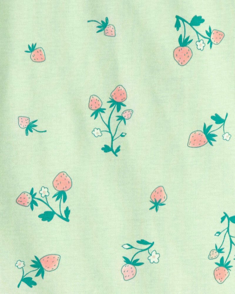 Girls Strawberry 100% Cotton Snug Fit 4-Piece Pajama Set - Green/Pink, image 3 of 5 slides