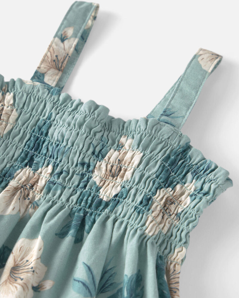 Toddler Girl Smocked Linen Dress Made with Organic Cotton in Blue Hibiscus, image 3 of 5 slides