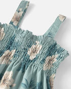 Toddler Girl Smocked Linen Dress Made with Organic Cotton in Blue Hibiscus, image 3 of 5 slides