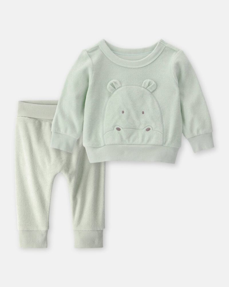 Baby 2-Piece Hippo Terry Pullover Sweatshirt & Pant Set - Green, image 1 of 6 slides