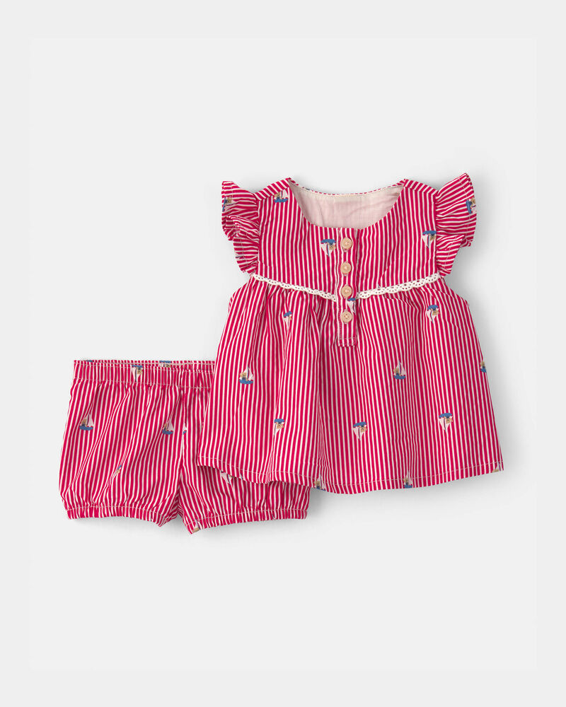 Baby Girl 2-Piece Teddy Bear Sailboat Top & Short Set - Red, image 1 of 5 slides