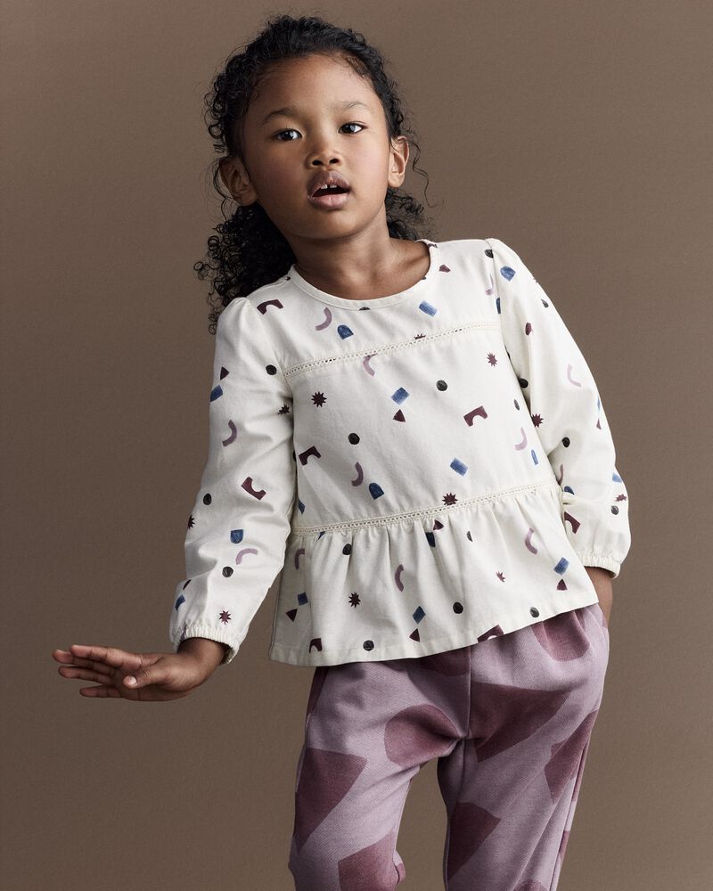 Toddler Girl Peplum Long-Sleeve Top with Shapes - Ivory, image 1 of 6 slides