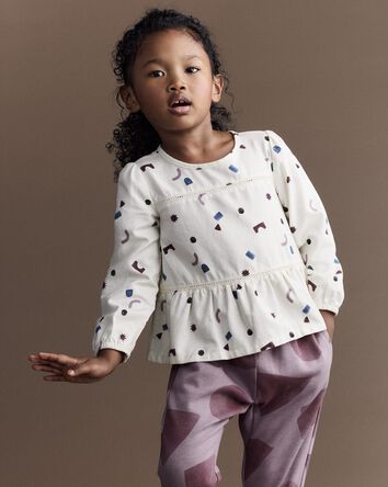 Toddler Girl Peplum Long-Sleeve Top with Shapes - Ivory, 