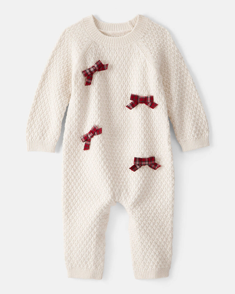 Baby Girl Bow Long-Sleeve Jumpsuit - White, image 1 of 4 slides