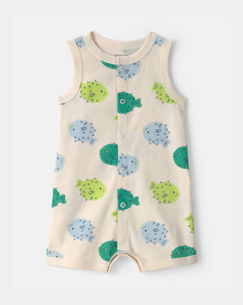 Baby Pufferfish Sleeveless Romper - Cream/Green, 