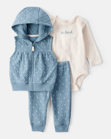 Baby Girl 3-Piece Polka Dot Quilted Little Vest Set - Blue/Ivory, 